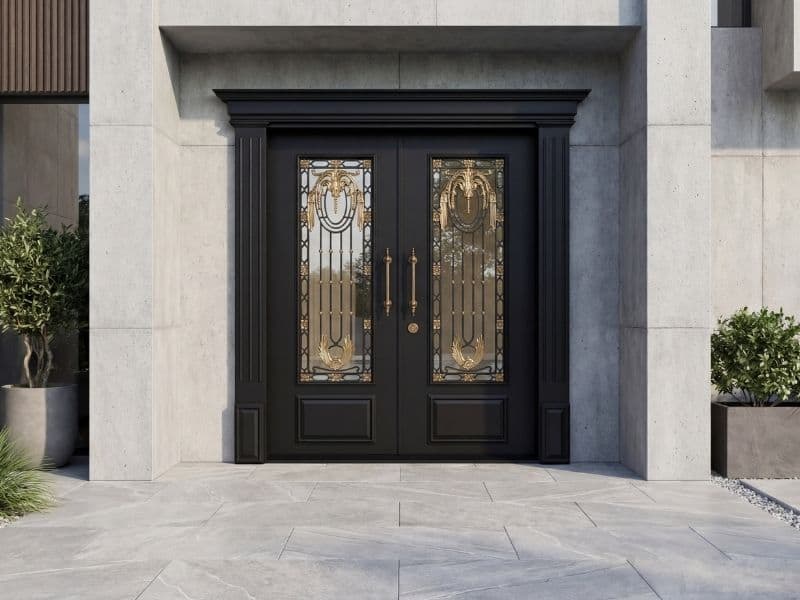 Ferforje Villa Kapısı — El Işçiliği Demir Örme Ve Dekoratif Cam Ile Prestijli Giriş