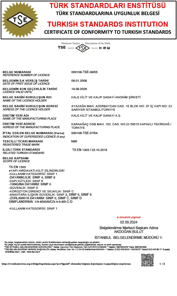 Kale Kilit 256G Sertifikasi — En 12209 Çelik Kapi Kilit Sistemi Belgesi