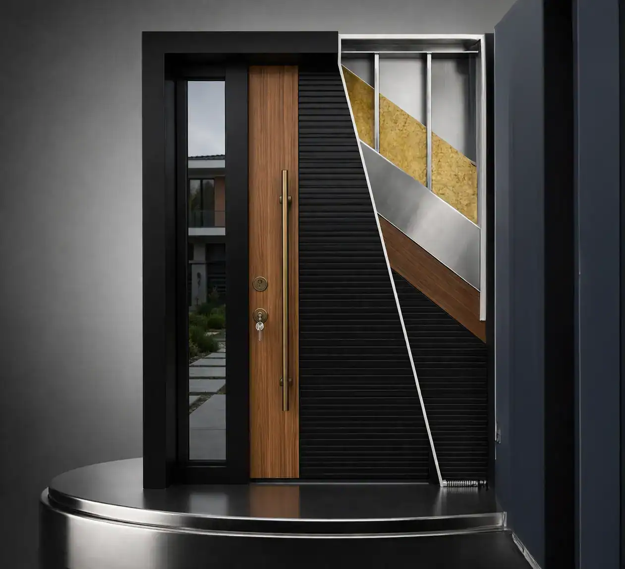 Villa Kapısı Teknik Kesit — 2 Mm Çelik Saç Gövde, Taş Yünü Yalıtım, Epdm Fitil, Kale 256G Kilit Sistemi Katmanları